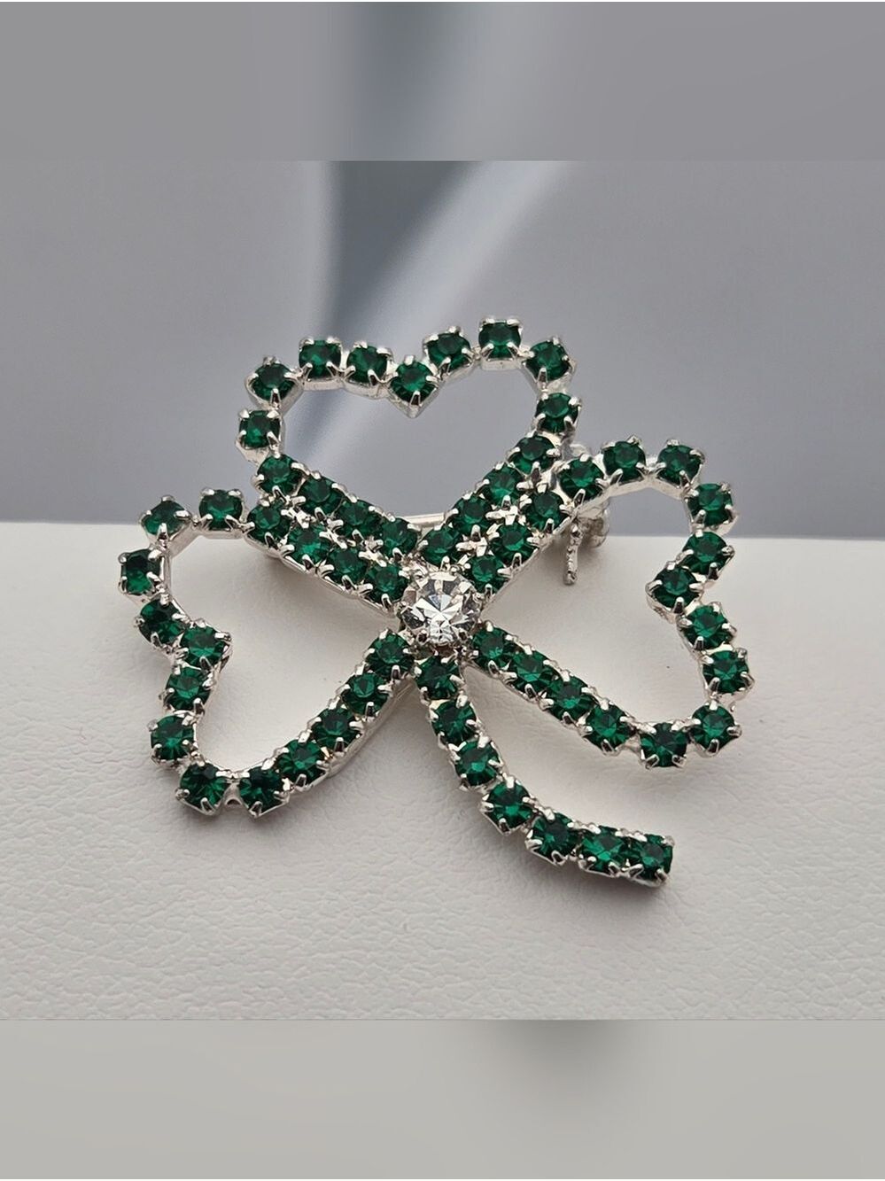 Shamrock Brooch Green Rhinestones Silver Tone Three Leaf Clover St. Patrick’s